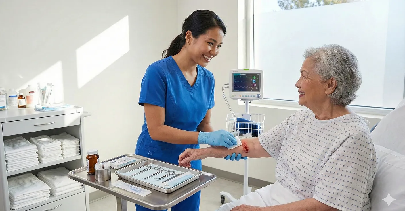 พยาบาลวิชาชีพกำลังทำแผลให้คนไข้ในห้องหัตถการที่สะอาด